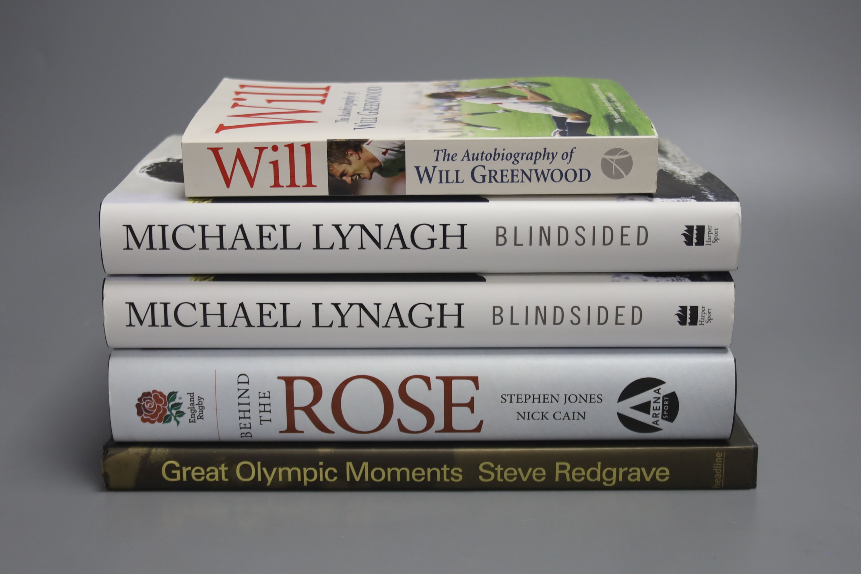 Redgrave, Steve – Great Olympic Moments, 8vo, signed, (dj present) Headline 2011., Jones, Stephan and Cain, Nick – Behind The Rose, Playing Rugby For England, 8vo, signed (dj present) Arena 2014., Lynagh, Michael – Blind